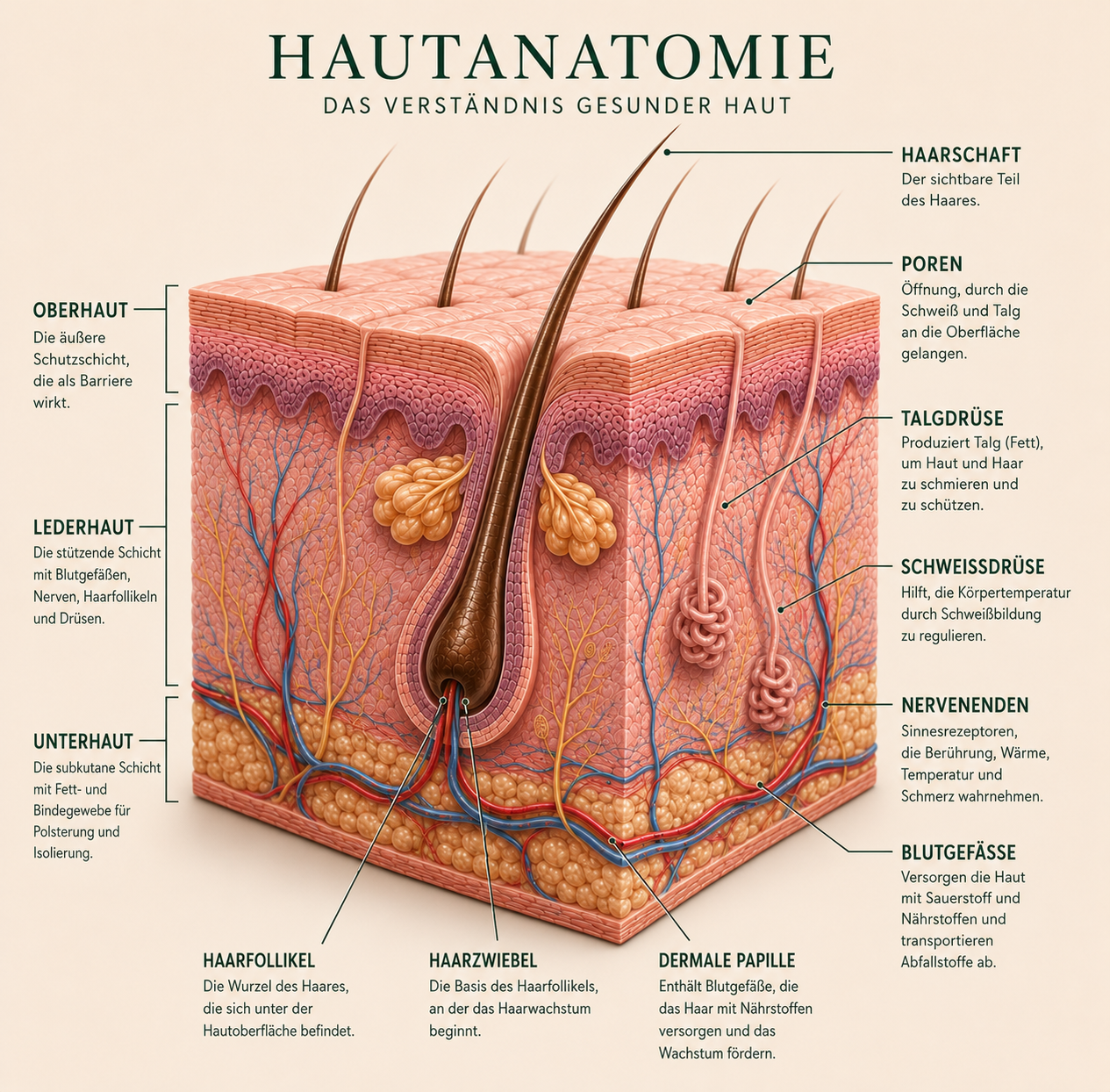 Hautanatomie-Diagramm mit Epidermis, Dermis und Unterhaut (Hypodermis)
